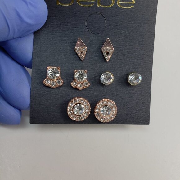 BEBE Set of 4 pairs of Gold and Rose Gold-tone Rhinestone Crystal Studs Earrings - Picture 6 of 7